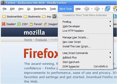 More Tools Menu Firefox Extension