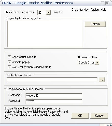 Google Reader Notifier Preferences Window