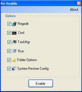 Re-enable Registry Editor, Command Console, Folder Option, Run, Task Manager and System Restore