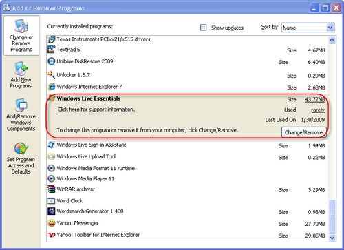 Uninstall Windows Live Messenger using Add/Remove Programs