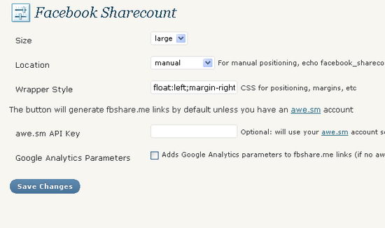 Facebook Share Count Settings Page