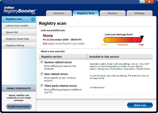 Registry Booster 2010 Registry Scan Menu