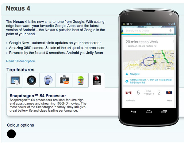 Nexus 4 Pre-Order page Reveals Specs