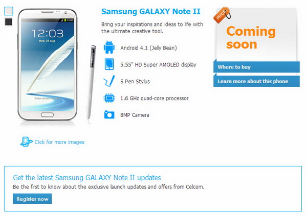 Samsung Galaxy Note II ROI page at Celcom Malaysia