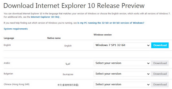 Internet Explorer 10 Release Preview for Windows 7