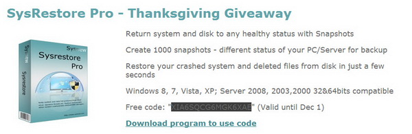 SysRestore Pro - Thanksgiving 2012 Giveaway