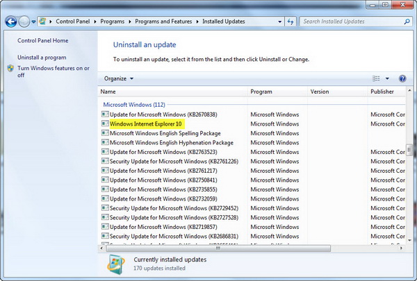 Uninstall IE10 from Windows 7