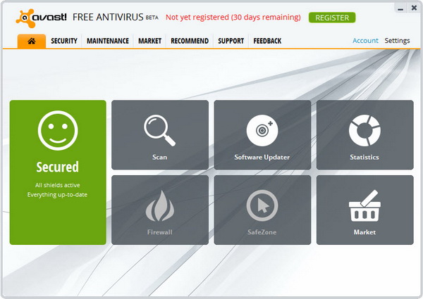 avast! 8 Free Antivirus - Main Window