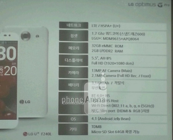 LG Optimus G Pro - Specs Sheet