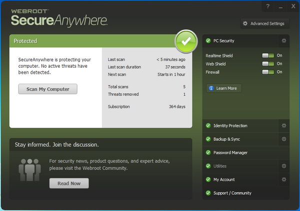 Webroot SecureAnywhere - Home Screen