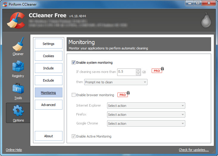 CCleaner 4.18 - Active System Monitoring for free users