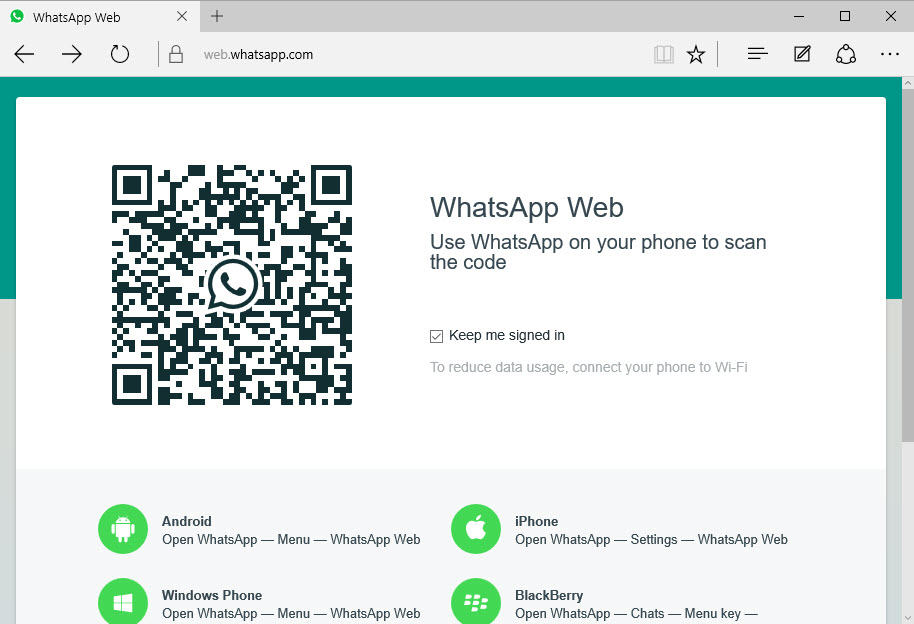 Access Whatsapp Web in Microsoft Edge browser