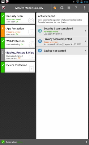 McAfee Mobile Security with new Interface for Tablet
